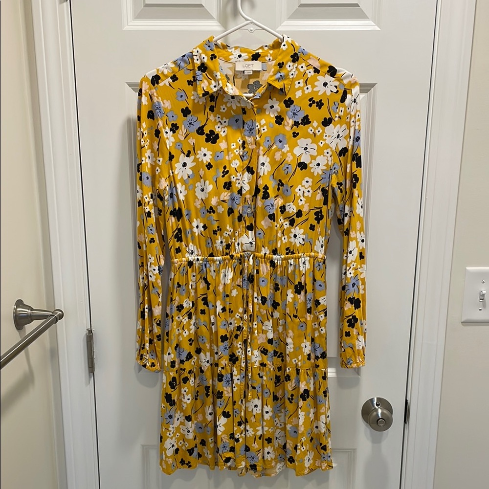 Loft Size S Floral Yellow Long Sleeve Dress